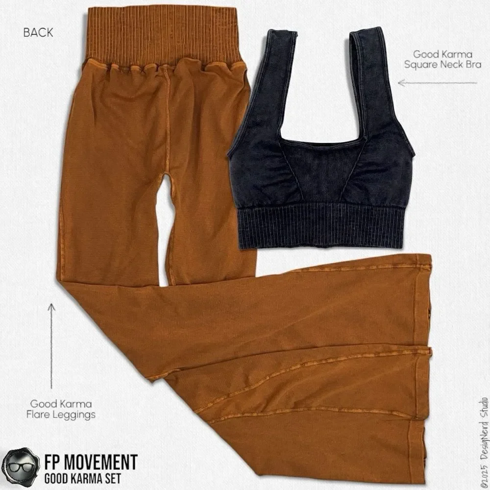 FP MOVEMENT GOOD KARMA SET BLACK SQUARE NECK BRA + TOASTED COCONUT FLARE LEGGING - Picture 2 of 15